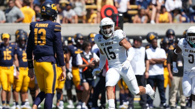 Sep 3, 2022; Berkeley, California, USA; UC Davis Aggies linebacker Teddye Buchanan (15) celebrates after intercepting a pass by California Golden Bears quarterback Jack Plummer (13) during the first quarter at FTX Field at California Memorial Stadium. Mandatory Credit: Darren Yamashita-USA TODAY Sports
